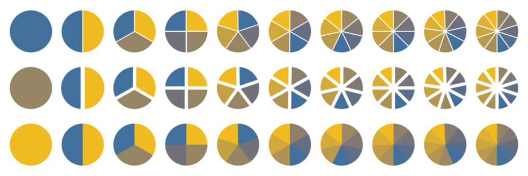 Pie chart set, Circle icons for infographic. Colorful diagram collection with ,3,4,5,6,7,8 sections and steps. Circle pie chart diagram. Set of colorful pie charts with varying segments.