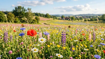 Obraz premium Vibrant Wildflower Meadow Celebrating First Day of Spring With Butterflies And Blue Skies