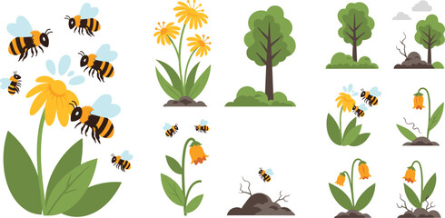 Bee pollination and plant growth set with flowers trees and insects, nature ecosystem process flat vector illustration collection for education design © MdNazmul
