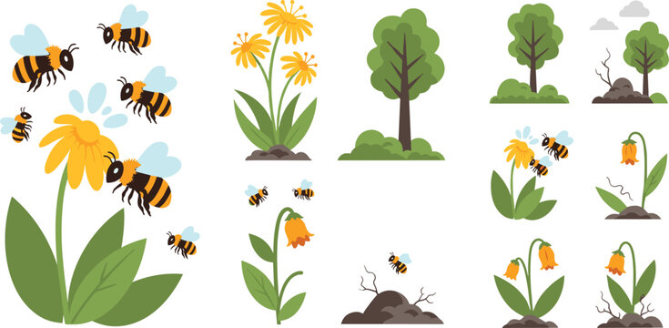 Bee pollination and plant growth set with flowers trees and insects, nature ecosystem process flat vector illustration collection for education design