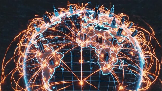 Vibrant digital globe with glowing blue and orange neon lights on grid surface 4k video