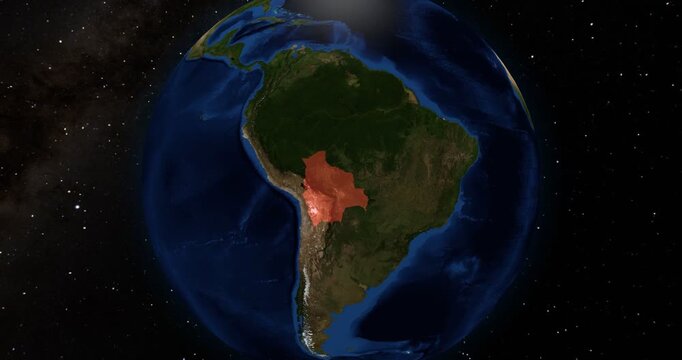 Bolivia on the Globe. Zoom into the country with the Earth spinning in space. High detail physical world map with Bolivia on it. Country view animation. Elements of this image furnished by NASA.