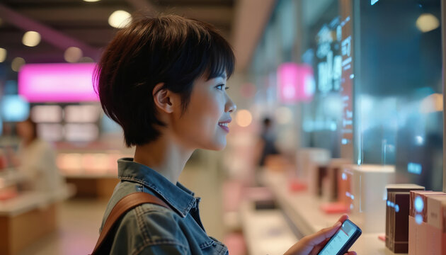 Young woman uses smart screen in airport shop. She interacts with futuristic tech display for personalized travel retail assistance, exploring new cosmetics.