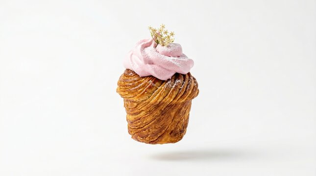 Easter modern cruffin cupcake with pink cream and flowers levitating on white. Plenty of copy space for text.
