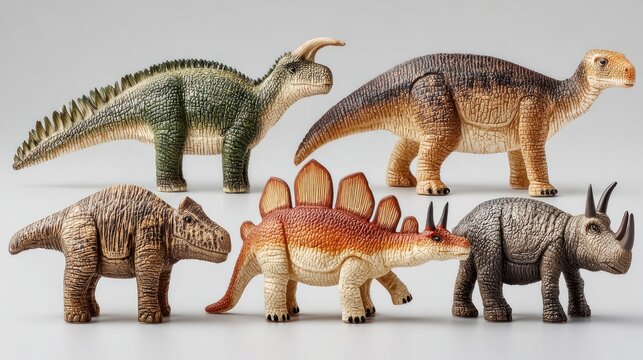 Six colorful, detailed dinosaur figures on a clean, light surface