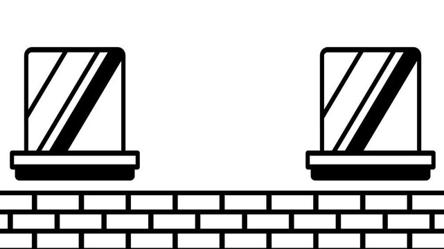 Two identical square windows are set into a dark wall above a textured brick structure