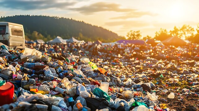 A massive pile of discarded plastic waste at an outdoor festival, stretching into the distance under a vibrant sunset