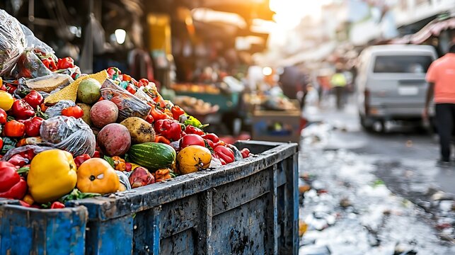 A overflowing dumpster filled with discarded fruits and vegetables in a bustling market