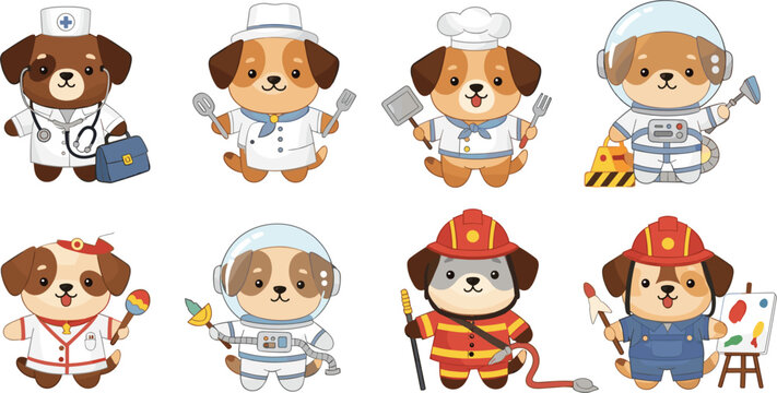 Cute dog professions set with doctor chef firefighter astronaut and artist, cartoon puppy characters flat vector illustration collection for kids design