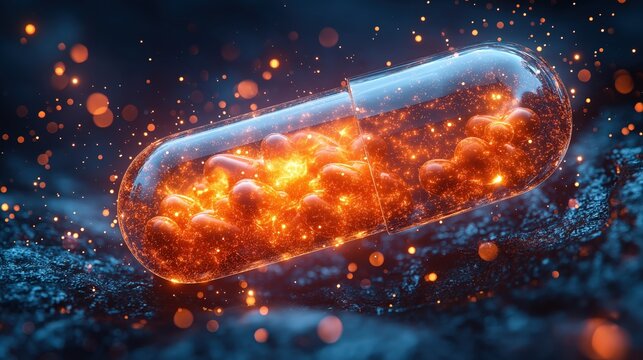 A glowing capsule filled with bright, fiery particles floats against a dark, textured background, symbolizing advanced medicine or futuristic pharmaceuticals.