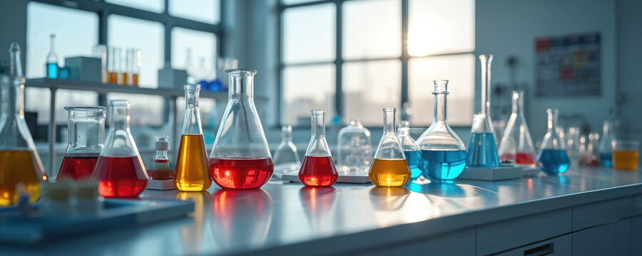 Clean laboratory workbench with various colorful liquids in glass flasks and beakers. Scientific research equipment and test tubes arranged on a shiny surface. Bright windows with sunlight.