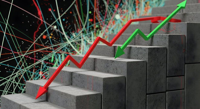 Dynamic Growth And Decline Chart Representing Business Analytics With Colorful Graph On Abstract Background Of Networks And Steps