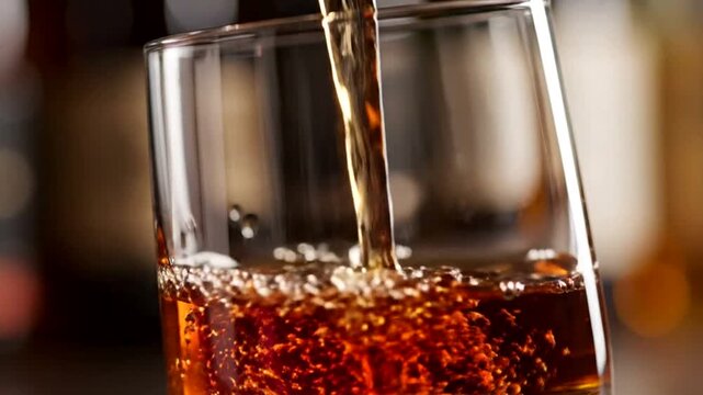 Whiskey pouring into glass slowly.