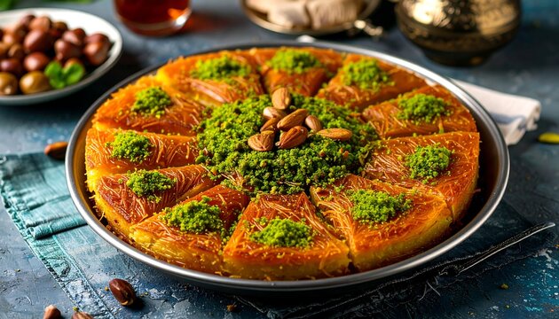 Pistachio-topped Kunafa on a Tray