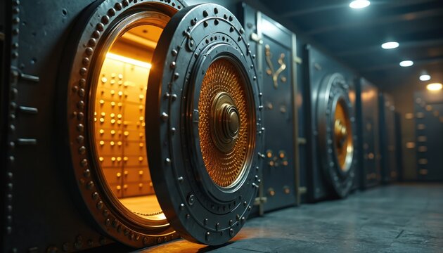Open bank vault door reveals glowing interior with many lockers. Heavy metal safe offers security and wealth storage. Secure room with illuminated gold treasure.