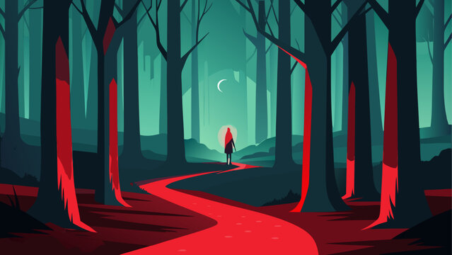 Mysterious forest path, moonlit woods, red trail, eerie landscape, vector illustration