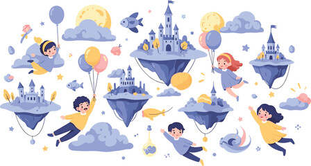 Fototapeta premium Fantasy flying islands with kids and castles in dreamy sky world, magical adventure scene flat vector illustration collection for children design