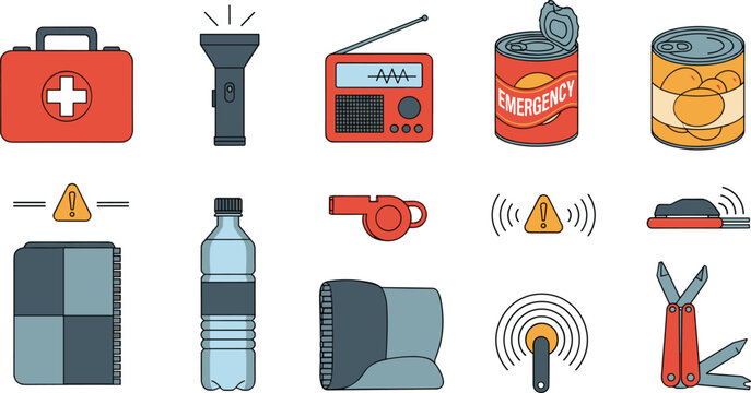 Emergency survival kit set with flashlight radio food cans and tools, disaster preparedness essentials flat vector illustration collection for safety design