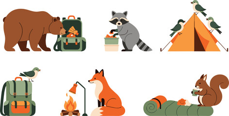 Forest animals camping set with bear fox raccoon and squirrel, outdoor adventure wildlife flat vector illustration collection for nature design © MdNazmul