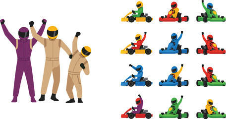 Go kart racing set with drivers in helmets and colorful karts, motorsport competition flat vector illustration collection for sports design © MdNazmul