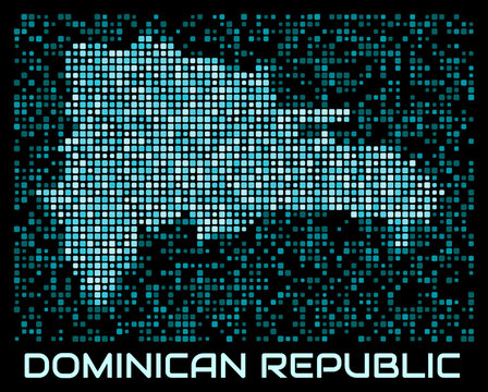 Dominican Republic digital dotted map. Shape of the country in cyan color palette on dark background. Futuristic Dominican Republic map design. Vector illustration.