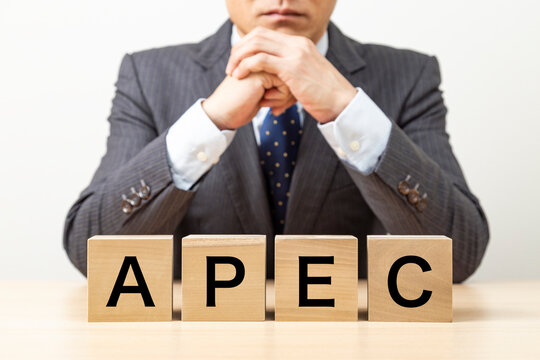 「APEC」と書かれたブロックとビジネスマン