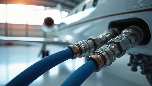 Aircraft fueling hoses connect to jet in modern hangar. Blue pipes and metal connectors ready for service. Aviation ground refueling process. Airplane receives fuel for flight. Airport maintenance.
