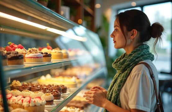Woman looks at variety of cakes and pastries in glass display case. She chooses sweet dessert in patisserie shop. Customer selects treat in modern bakery.