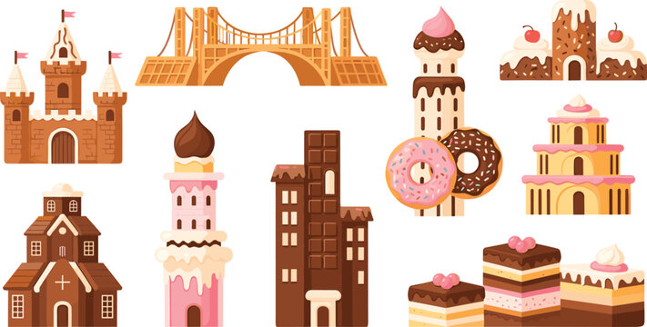 Sweet dessert architecture set with cake buildings donut towers and chocolate city, fantasy food structures flat vector illustration collection for creative design