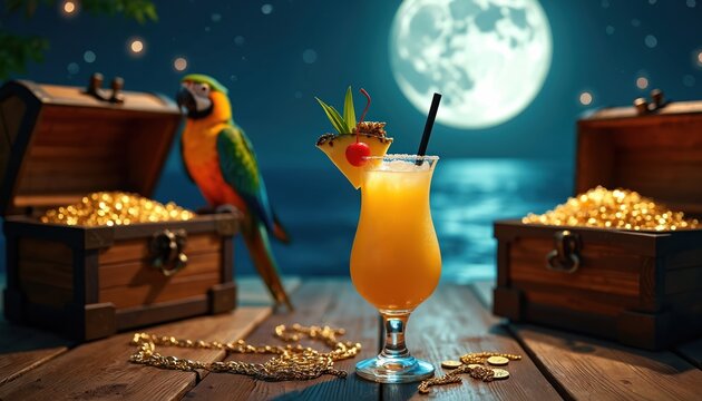 Pirate treasure chest full of gold coins with cocktail drink parrot perched beside it under the big moon on a tropical beach at night with starry sky.