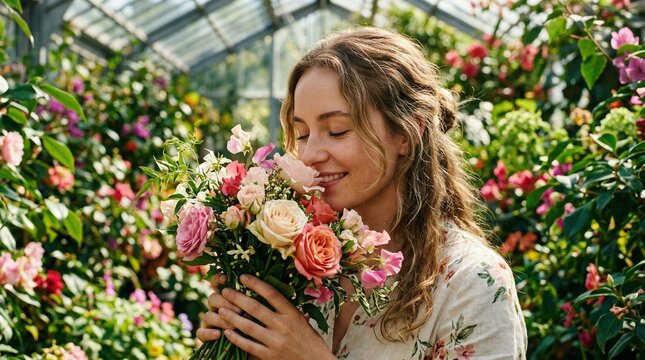 Woman Smelling Spring Flowers Celebrating First Day of Spring in Lush Garden Bloom