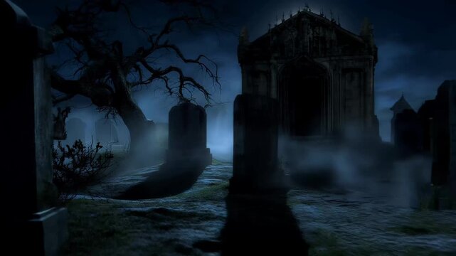 A serene cemetery under a full moon, casting a soft glow over the gravestones and surrounding landscape.