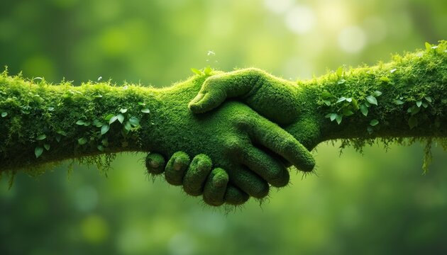 Green mossy hands shake firmly. Nature partnership forms a strong union. Symbol of ecology growth teamwork and trust. Represents environmental connection. A hopeful future.