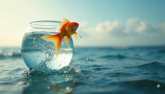 Goldfish jumps from bowl into sea. Fish leaps from small tank into open ocean, seeking new possibilities and freedom. Symbolizes adventure, escape, and change.