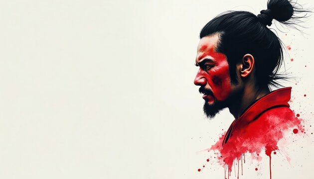 Watercolor illustration shows man face with red paint details. Warrior with top knot hair, beard and scar. Male profile on plain background with splash effect.