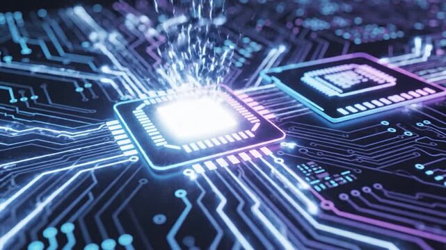 Close-up view of glowing microchips on a complex circuit board