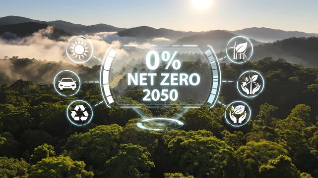 Forest with net zero 2050 graphic