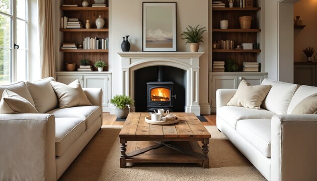 Warm living room features white sofas flanking wood coffee table before fireplace. Bookshelves flank mantelpiece. Cozy, comfortable, inviting home ambiance.