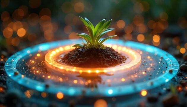 Green plant sprout grows from soil mound. Futuristic glowing rings light up blue and orange around plant. Abstract tech concept for growth, innovation, and new beginnings.