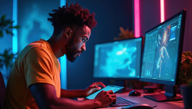 Black man designs digital art on computer. Freelance artist works on graphic animation at dual monitor workstation. Creative designer uses tablet and keyboard in home office.