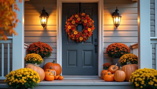 Home entrance decorated with pumpkins mums and floral wreath for autumn season. Cozy porch with lanterns and fall foliage welcomes guests for holiday celebration.