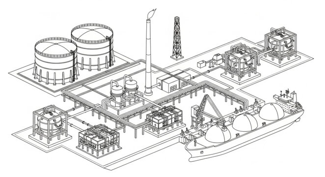 Highly Detailed LNG Terminal Vector Diagram in Black and White Technical Line Art