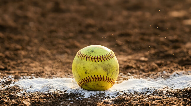 Close-up shot of a scuffed yellow softball with red stitching resting on a white chalk line on a dirt infield at a sports stadium with warm golden hour lighting and bokeh.