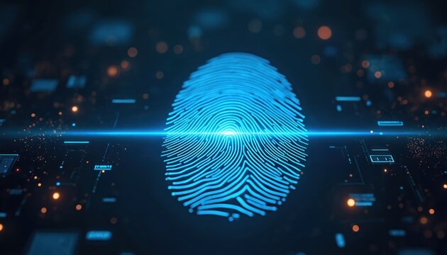 Blue digital fingerprint scans for identity verification. Futuristic tech confirms personal data. Security access granted via biometric scan. Secure login concept.