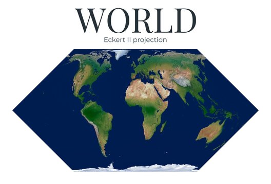 World Map. Eckert II projection. High Detail Physical Map of The World. Raster Graphic Illustration.