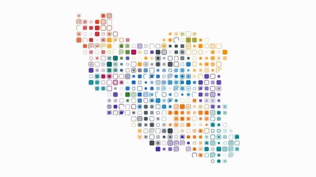 Iran map animation. Shape of the country with pulsating colored dots. Large size rounded square blocks. Digital style Iran map on white background. Beautiful video.