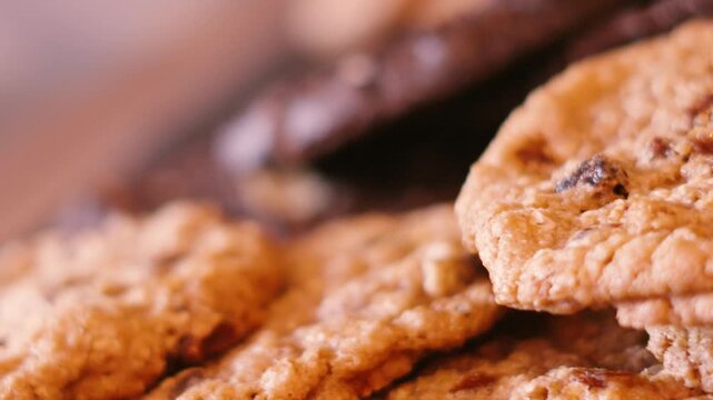 Freshly Made Chocolate Chip Cookies Out for Sale with Slow Moving Elegant Camera Move. Bakery Products from Small Independent Local Business Ready to Purchase.
