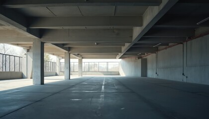 Obraz premium Empty concrete parking garage with bright natural light. Multiple levels with columns and open views of the surroundings. Suitable for urban transport or industrial themes.