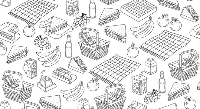 A black and white illustration of various food items and picnic baskets in a seamless pattern