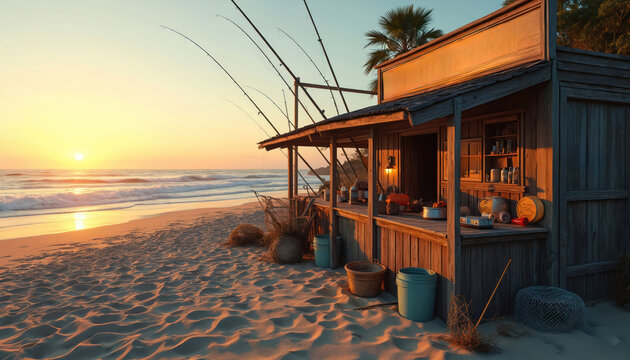 Rustic beachside bait shop at sunset. Fishing rods, nets, and gear sit outside weathered wooden building. Ocean waves crash gently on sand shore. Peaceful coastal scene.